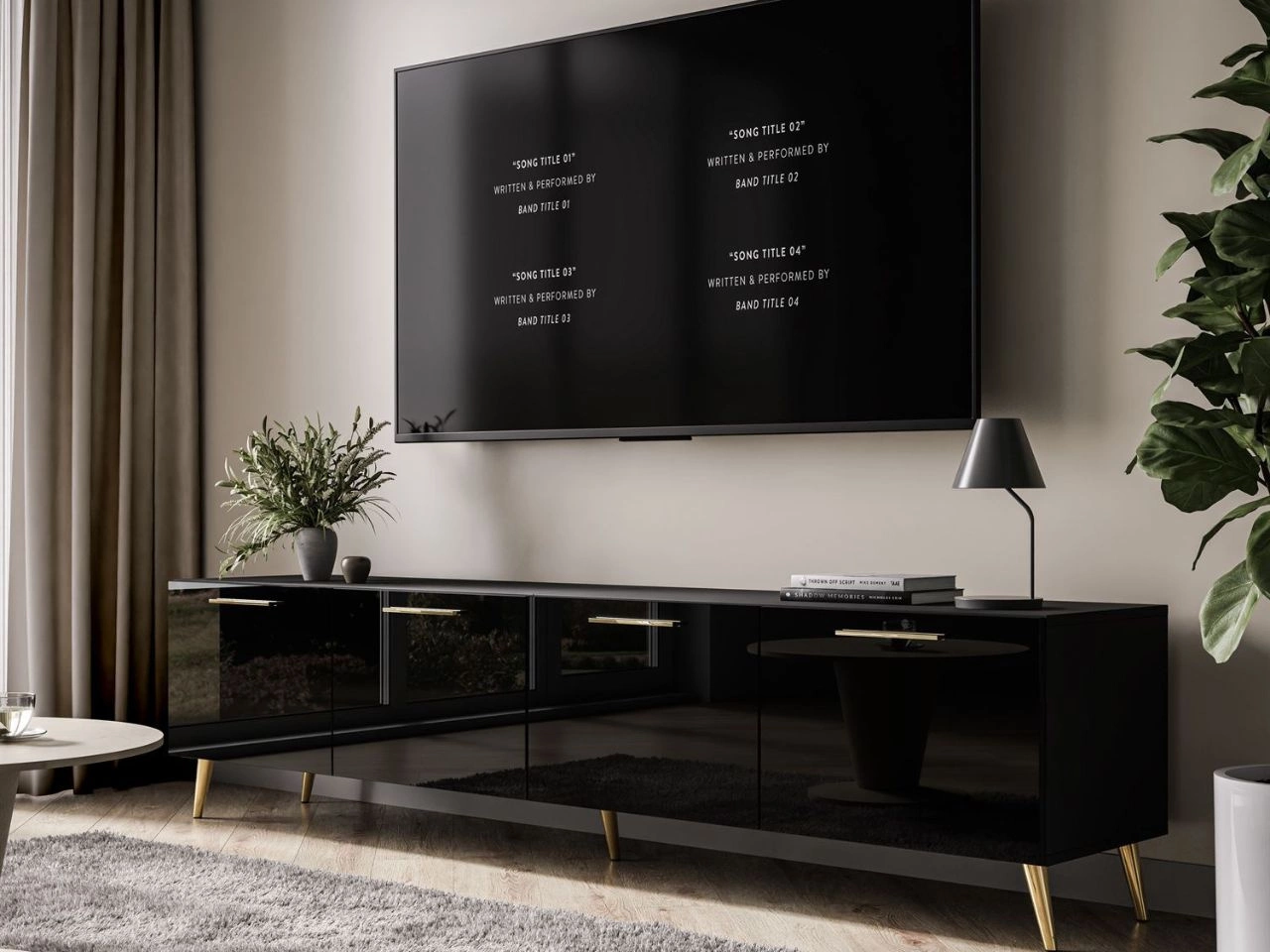 TV-Lowboard mit Türen auf Goldenen Metallbeinen 200 cm Noaé Schwarz Hochglanz