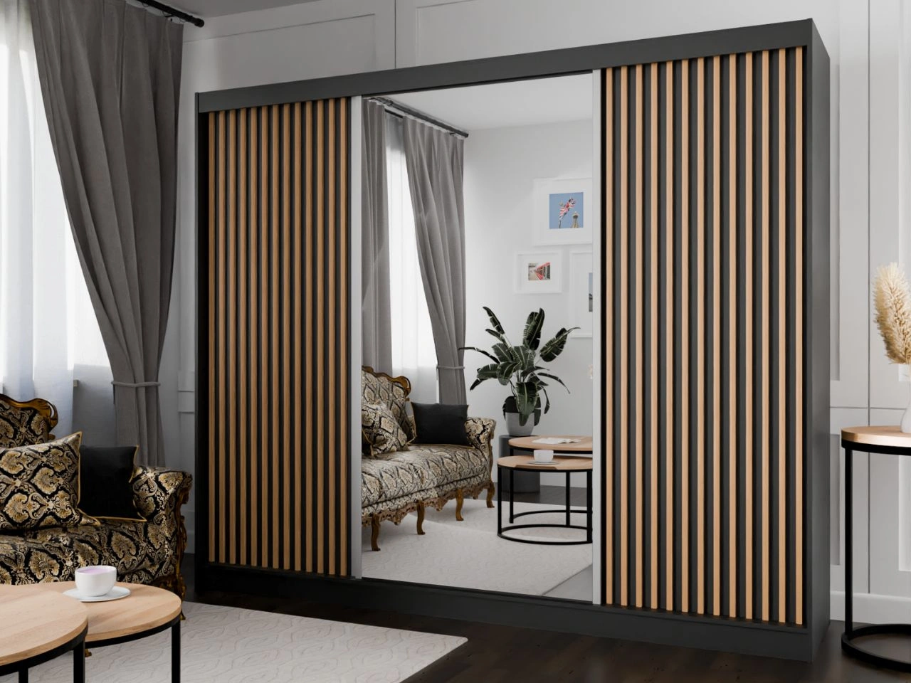 Schiebetürenschrank mit Spiegel und Lamellen 250 cm Loreto Schwarz