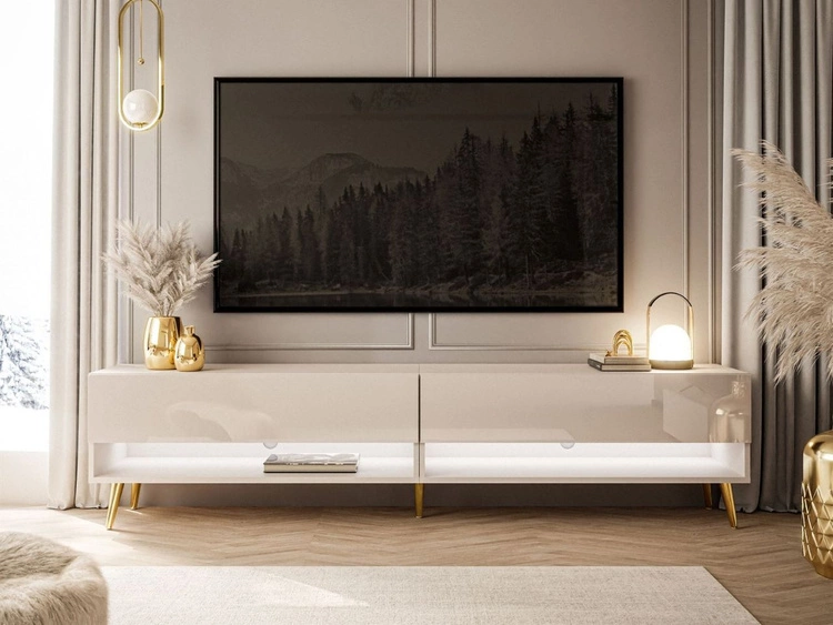 TV-Schrank für das Wohnzimmer 180 cm mit goldenen Beinen und LED-Beleuchtung Aurelie Kaschmir Hochglanz