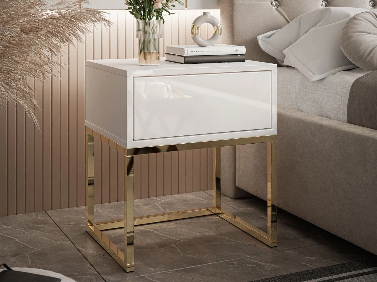 Nachttisch mit Schublade und goldenem Gestell Brisa Weiß Hochglanz
