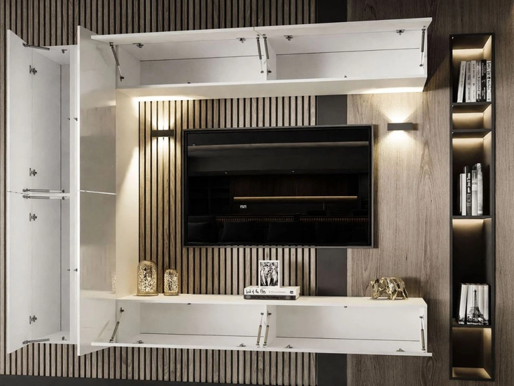 Hängende TV-Wohnwand mit LED-Beleuchtung für das Wohnzimmer Sorelle Weiß Hochglanz