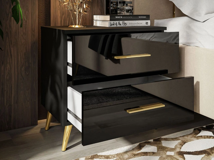 Nachttisch mit Schubladen auf Goldenen Metallbeinen Nuveo Schwarz Hochglanz