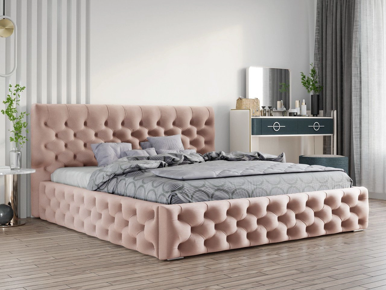 Glamour Chesterfield Bett Velutto 140x200 - Puderrosa