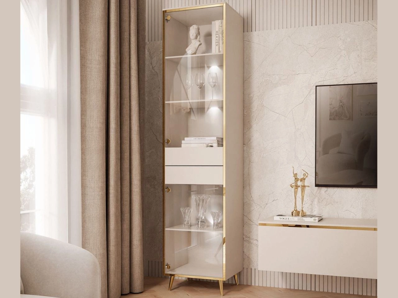 Glasvitrine mit Schubladen im Glamour-Stil mit LED-Beleuchtung Evare Kaschmir