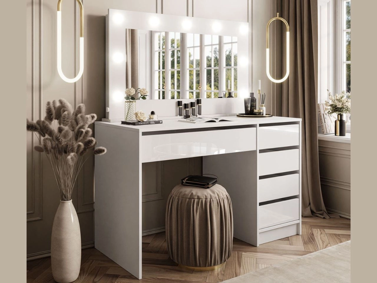 Schminktisch Glamour mit Spiegel, Schubladen und LED Melo Weiß Hochglanz