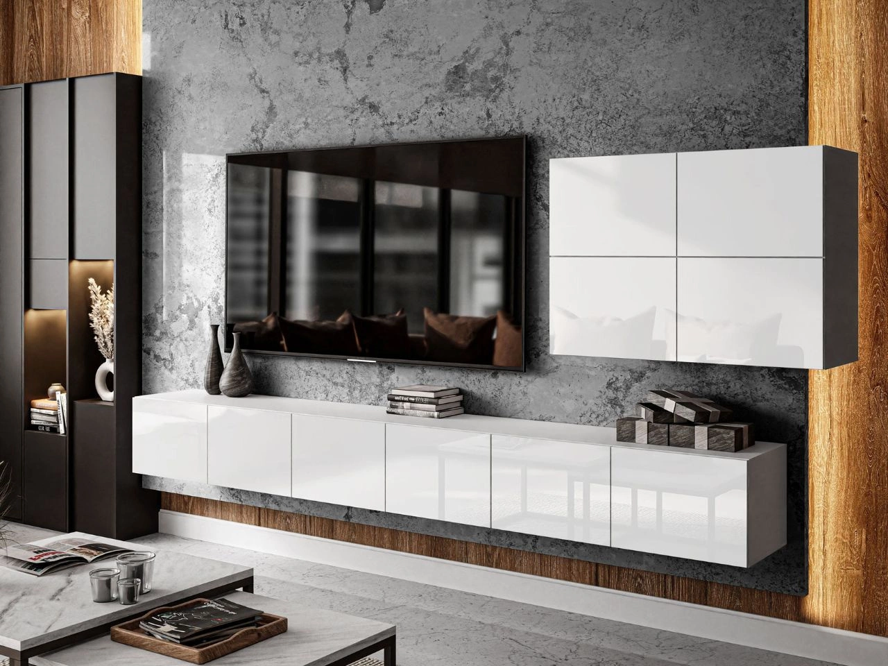 Hängende Wohnwand für das Wohnzimmer Nodoo Weiß Hochglanz