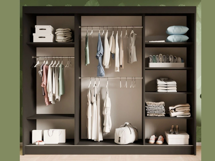 Schiebetürenschrank mit geriffelter Front und Spiegel 250 cm Fano Schwarz, Weiß