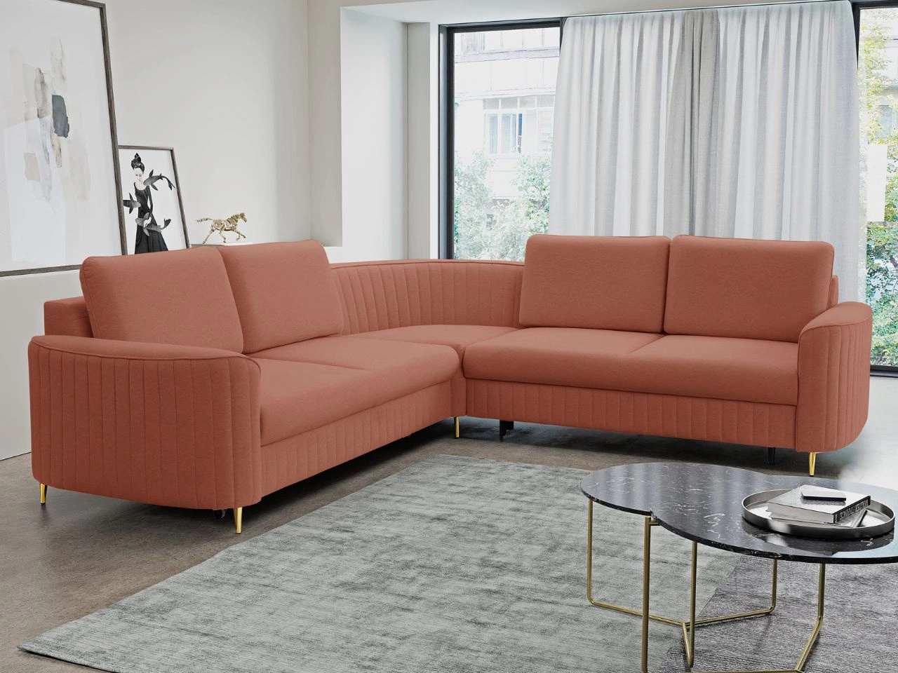 Ecksofa L-Form Links mit Schlaffunktion und Bettkasten Limon Orange