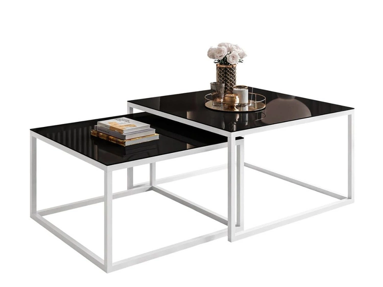 Couchtisch auf weißem Gestell mit Glasplatte Asumi Schwarz 35x41