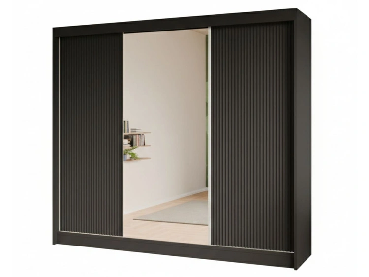 Schiebetürenschrank mit geriffelter Front und Spiegel 250 cm Fano Schwarz