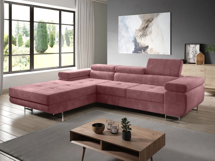 Ecksofa L-Form Links mit Schlaffunktion und Bettkasten Solam Rosa