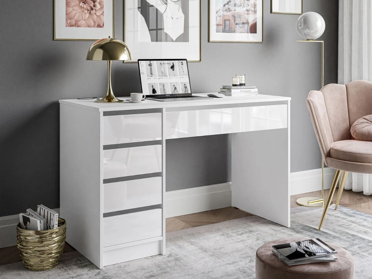 Schreibtisch mit fünf Schubladen Melo Weiß Hochglanz