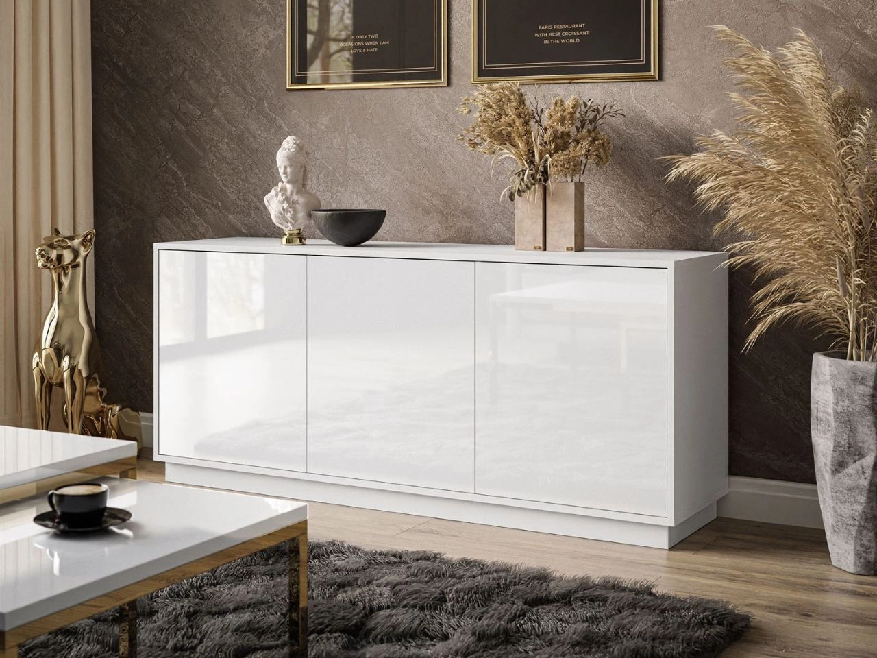 Dreitürige Kommode 154 cm im Glamour-Stil auf weißem Sockel Vivance Weiß Hochglanz