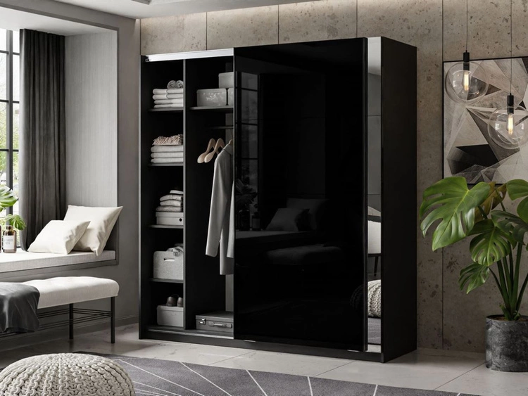 Schwebetürenschrank Zweitüriger mit Spiegel 194 cm Nuveo Schwarz Hochglanz