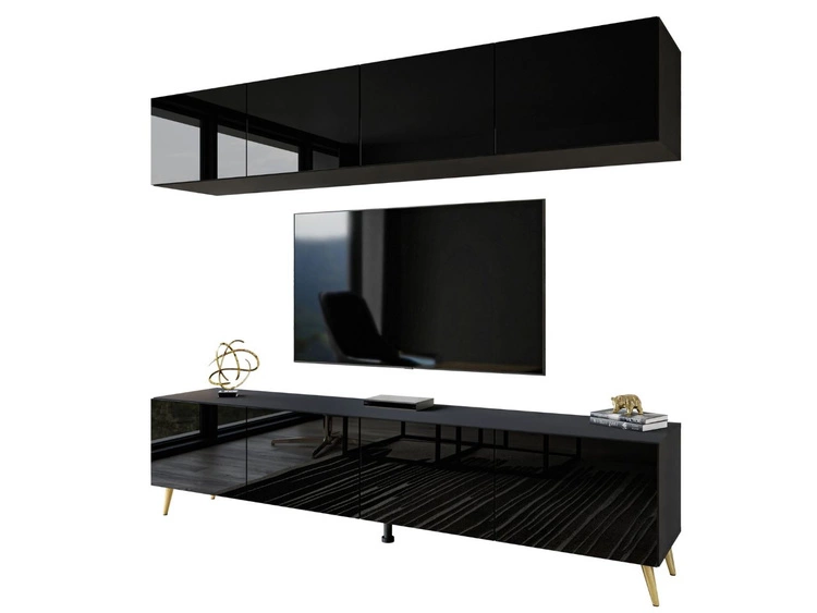 Wohnwand für das Wohnzimmer mit LED-Beleuchtung auf Goldenen Metallbeinen Noaé Schwarz Hochglanz