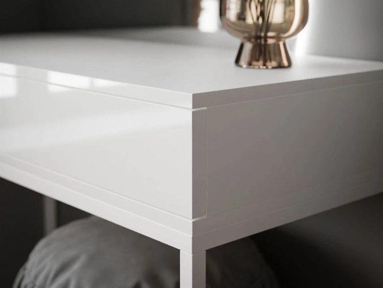 Kosmetiktisch rechtsseitig mit Schubladen und LED-Beleuchtung auf weißen Beinen Clarette Weiß Hochglanz