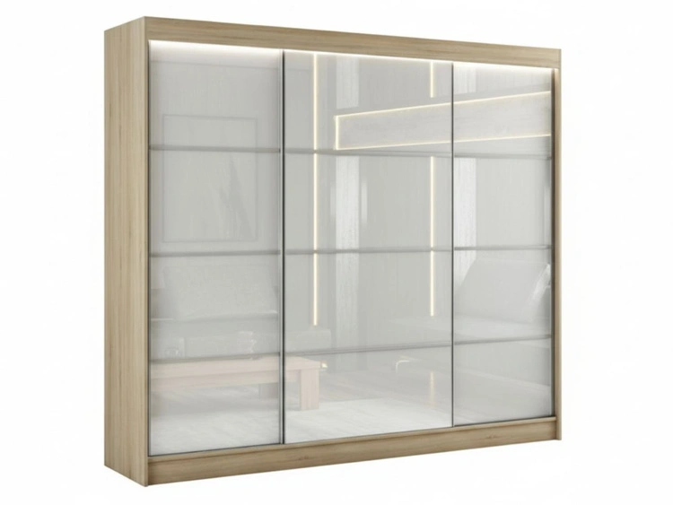 Schiebetürenschrank mit Sprossen 250 cm mit LED-Beleuchtung Ponti Eiche Sonoma, Weiß