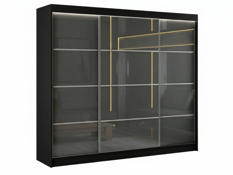 Schiebetürenschrank mit Sprossen 250 cm mit LED-Beleuchtung Ponti Schwarz, Grau
