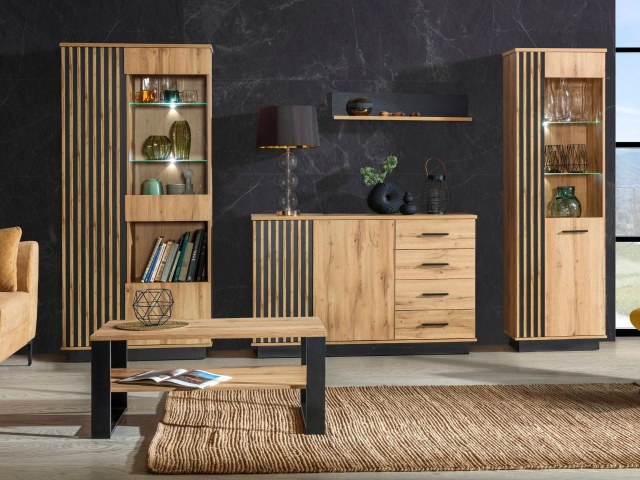 Set industrial Wohnzimmermöbel Lavore Wotan Eiche, Schwarz matt