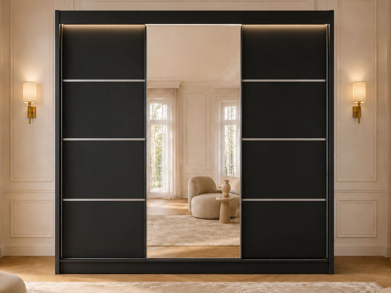 Schiebetürenschrank mit Spiegel 250 cm mit LED-Beleuchtung Portel Schwarz
