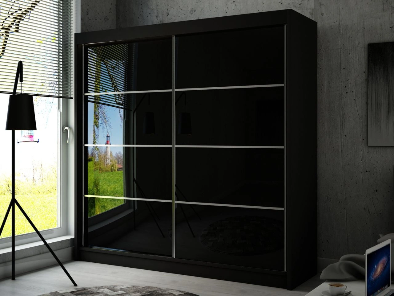 Schiebetürenschrank mit Sprossen 200 cm mit LED-Beleuchtung Ponti Schwarz