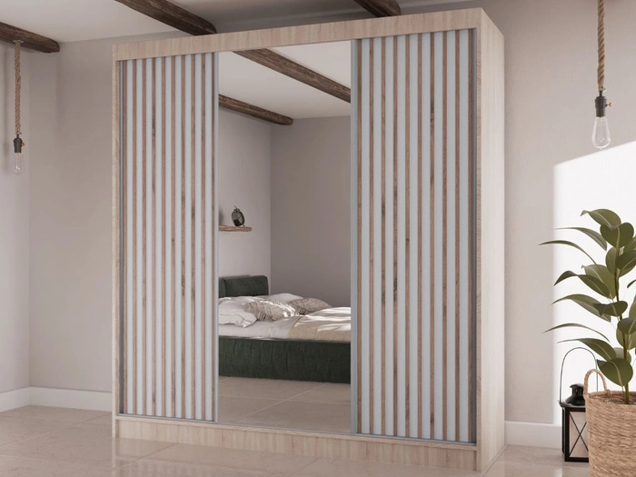 Schiebetürenschrank mit Lamellen und Spiegel 200 cm Lucena Eiche Sonoma, Weiß