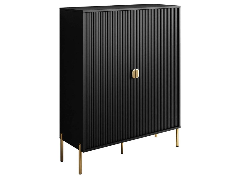 Hohe Kommode, zweitürig, mit goldfarbenen Griffen und Füßen, Orlean schwarz matt