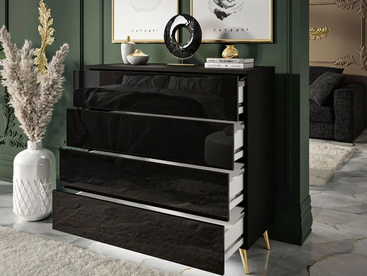 Kommode mit vier Schubladen und LED-Beleuchtung auf Goldenen Metallbeinen Nuveo Schwarz Hochglanz