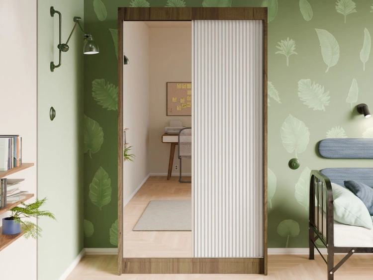 Schiebetürenschrank mit geriffelter Front und Spiegel 120 cm Fano Handwerk Goldene Eiche, Weiß