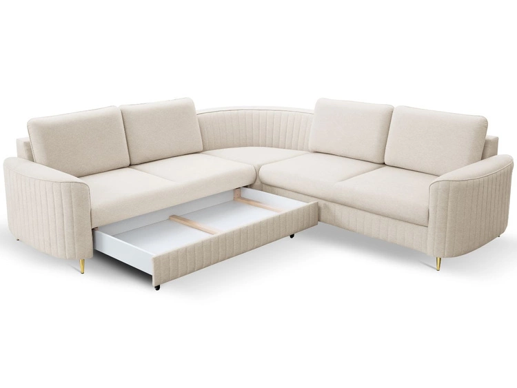 Ecksofa L-Form Rechts mit Schlaffunktion und Bettkasten Limon Beige
