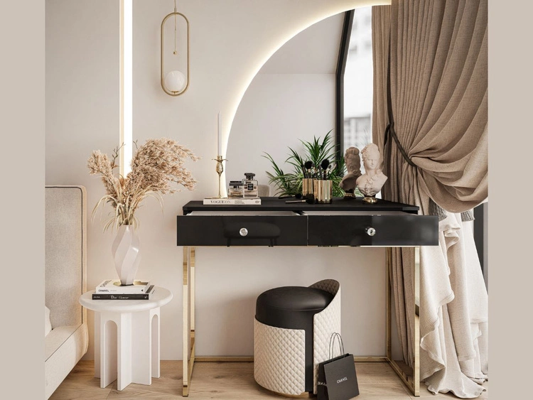 Kosmetiktisch linksseitig mit Schubladen und LED-Beleuchtung auf goldenen Beinen Clarette Schwarz Hochglanz