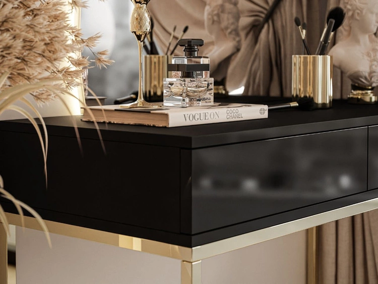 Kosmetiktisch linksseitig mit Schubladen und LED-Beleuchtung auf goldenen Beinen Clarette Schwarz Hochglanz