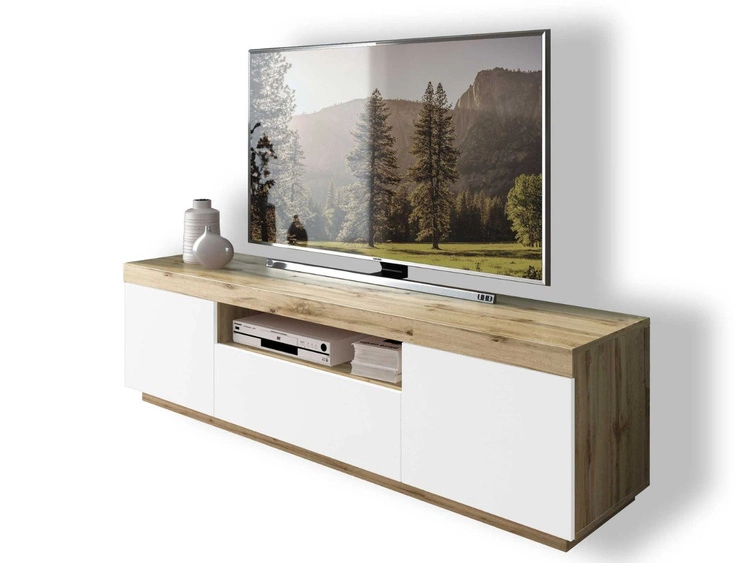 TV-Lowboard Asumi mit Türen und Schublade – Weiß matt und Eiche Wotan