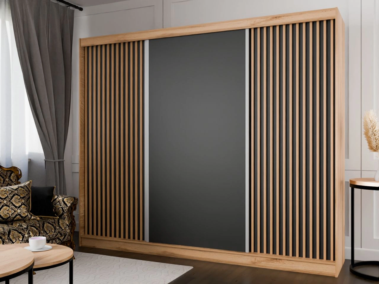 Schiebetürenschrank mit Lamellen 250 cm Loreto Handwerk Goldene Eiche, Schwarz