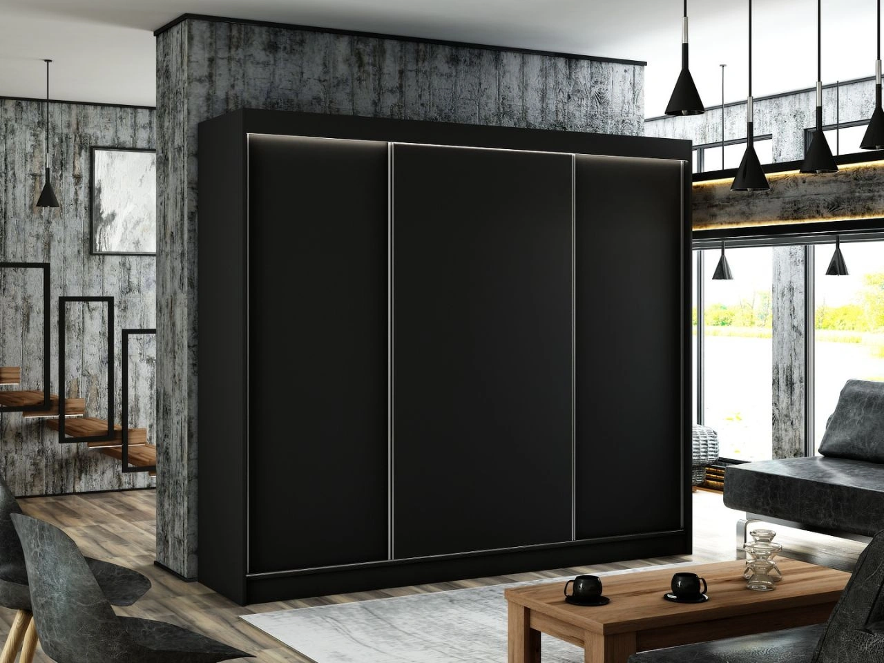 Schiebetürenschrank 250 cm mit LED-Beleuchtung Diano Schwarz