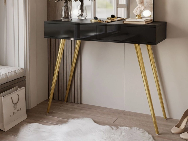 Schminktisch im Glamour-Stil mit Schubladen, Spiegel und LED-Beleuchtung Olivine Elite Schwarz Hochglanz