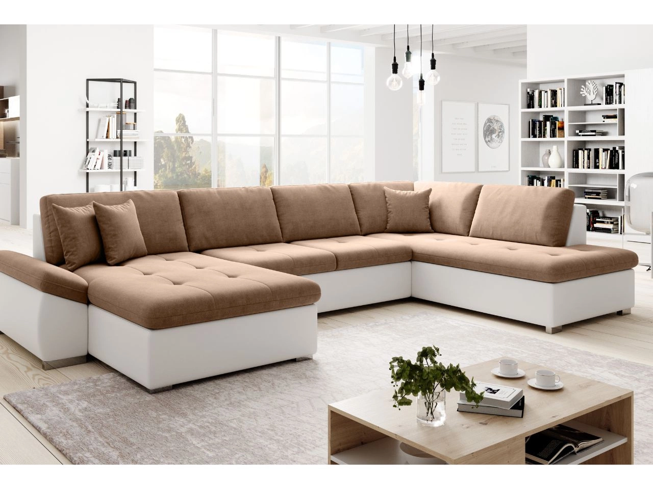 Wohnlandschaft mit Schlaffunktion Rechts Moni U Braun, Weiß