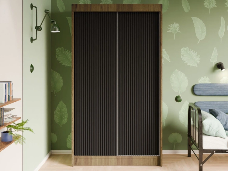 Schiebetürenschrank mit geriffelter Front 120 cm Fano Handwerk Goldene Eiche, Schwarz