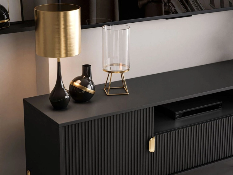 TV-Lowboard breit zweitürig mit Schublade und goldenen Metallfüßen Orlean Schwarz Matt