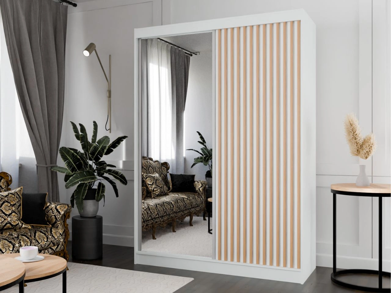 Schiebetürenschrank mit Spiegel und Lamellen 150 cm Loreto Weiß