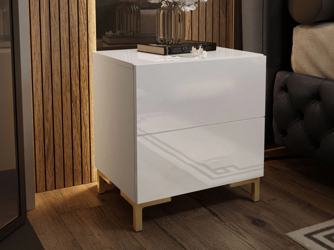 Nachttisch mit zwei Schubladen auf Goldenen Beinen Nuveo Lux Weiß Hochglanz
