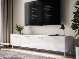 TV-Lowboard mit Türen und LED-Beleuchtung auf Silbernen Metallbeinen 200 cm Noaé Weiß Hochglanz