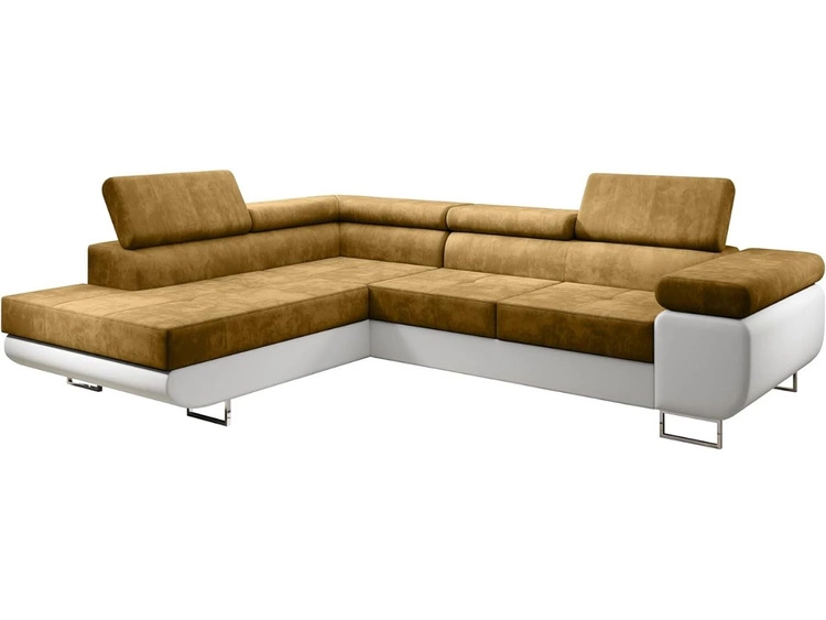 Ecksofa L-Form Links mit Schlaffunktion und Bettkasten Solam L Gelb, Weiß