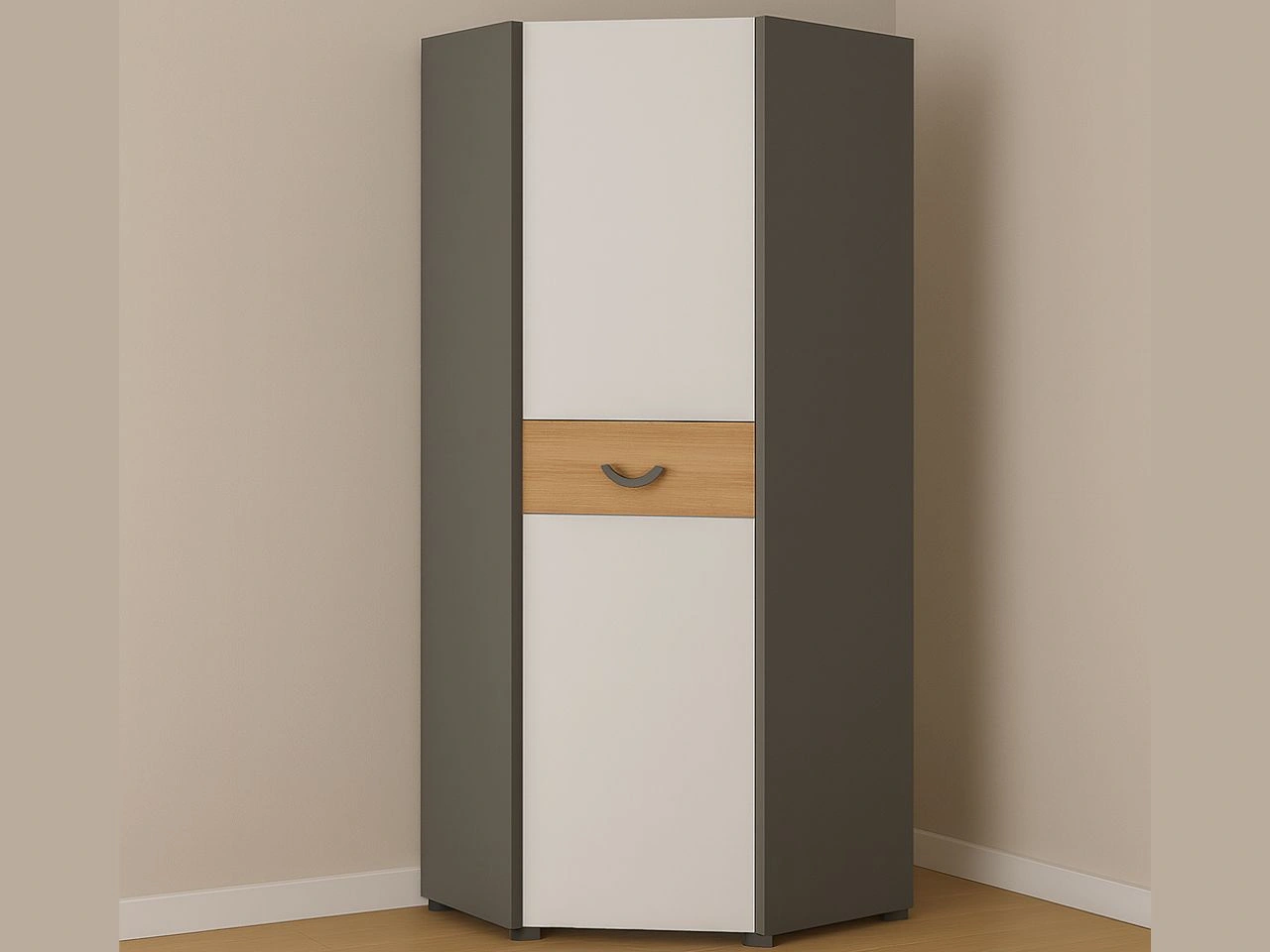 Eckkleiderschrank mit einer Tür für ein Jugendzimmer Casa Nash Eiche, Weiß, Grau