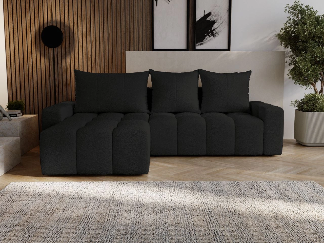 Ecksofa L-Form mit Schlaffunktion und Bettkasten Bresso Schwarz