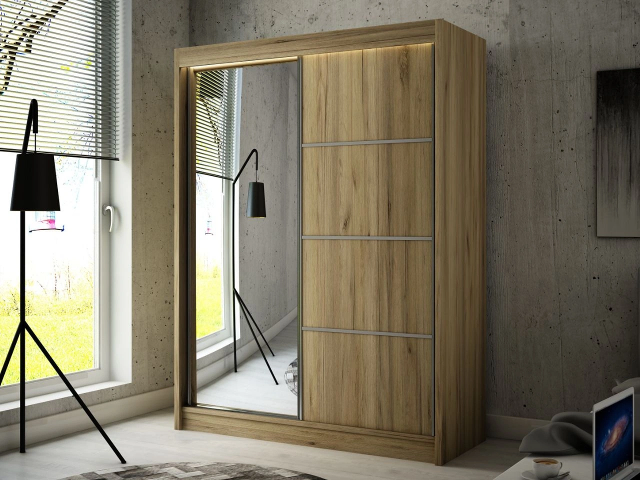 Schiebetürenschrank mit Spiegel 150 cm mit LED-Beleuchtung Portel Handwerk Goldene Eiche