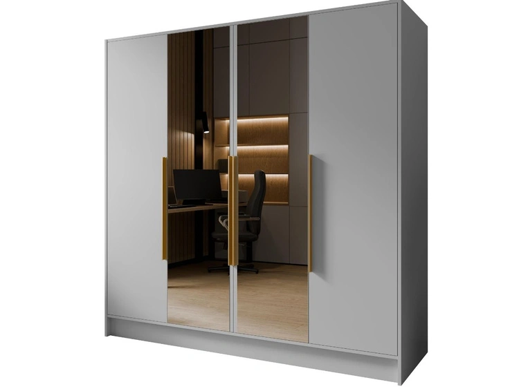 Kleiderschrank mit Spiegel 200 cm Lucca Weiß mit goldenen Griffen