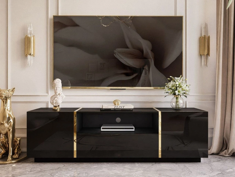 TV-Lowboard im Glamour-Stil, zweitürig mit Schublade Lunelie Schwarz Hochglanz