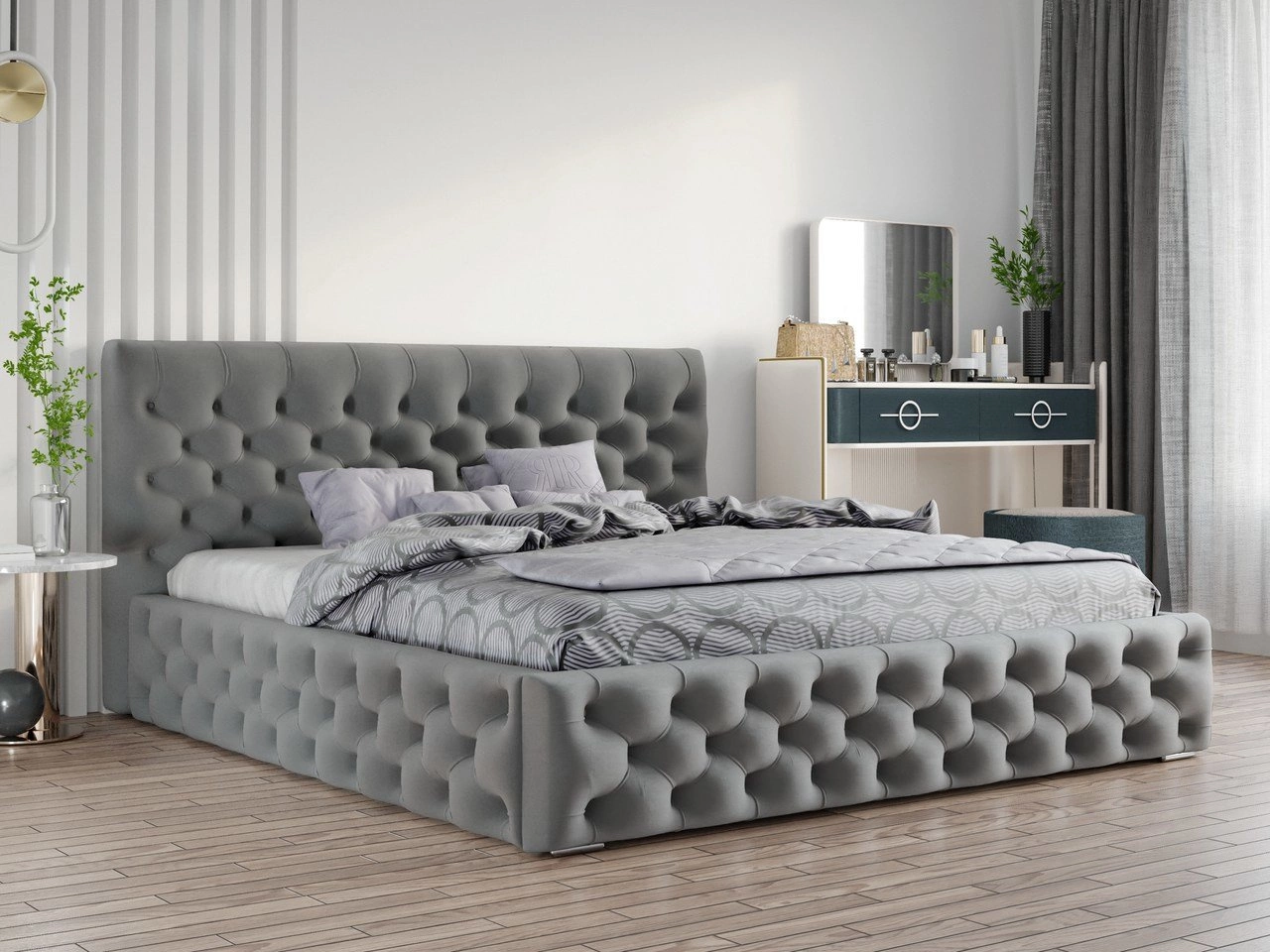 Glamour Chesterfield Bett Velutto 160x200 - Grau