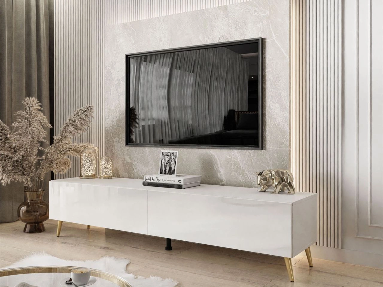 TV-Lowboard mit Türen auf Goldenen Metallbeinen 175 cm mit LED-Beleuchtung Sorelle Weiß Hochglanz